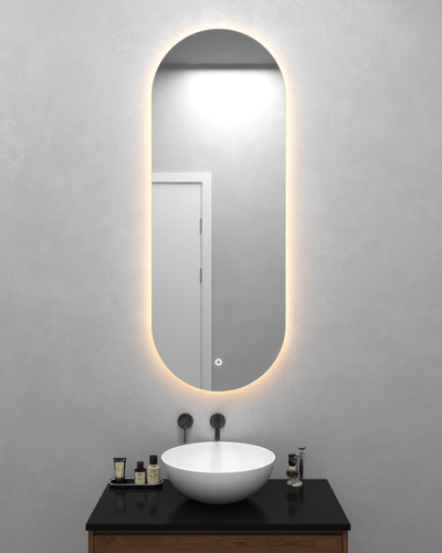 Овальное зеркало 135x50 см, с тёплой подсветкой, с сенсорным включателем